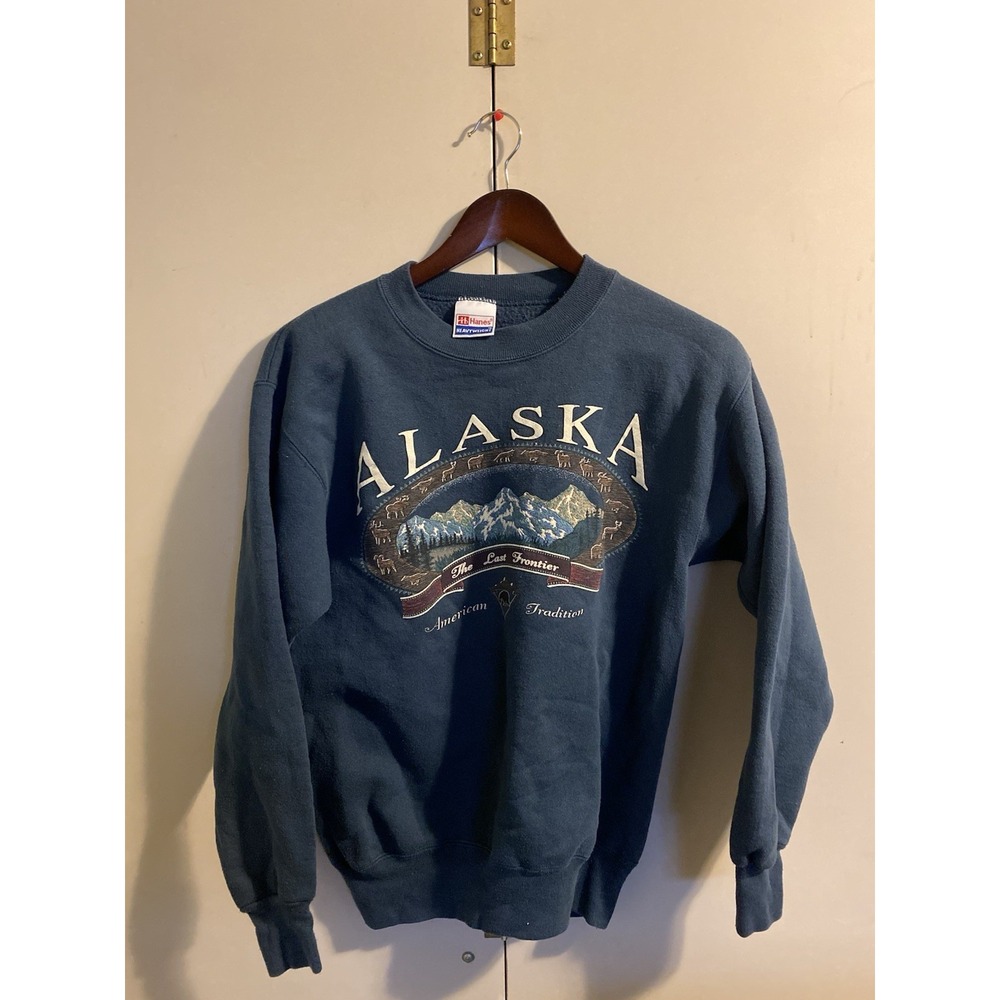 Vintage 90s Hanes Heavyweight Alaska The Last Frontier Sweatshirt Blue Graphic S